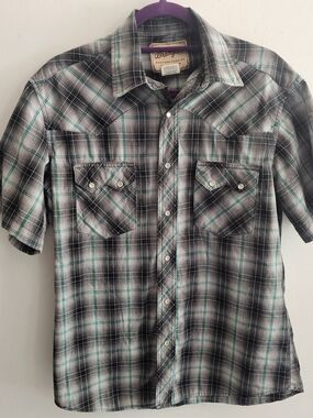 Wrangler Men’s Short Sleeve Plaid Shirt - Black & Teal & Gray Size M